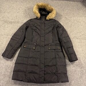 Larry Levine Jacket Womens Medium Black Long Puffer‎ Down Coat Hood Faux Fur